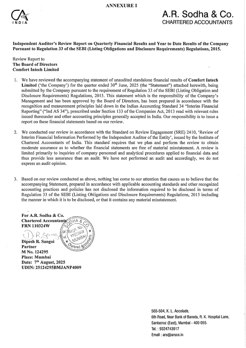 _Investor_Feed_'s tweet photo. Comfort Intech Ltd Q1 2025 Results: Revenue & Profit Insights 📊 | MCap 278.03 Cr

- Standalone profit before tax (PBT) for Q1 June 2025: ₹253.90 lakhs
- Consolidated PBT for same quarter: ₹247.02 lakhs
- Segment revenues:
  • Trading in Goods: ₹793.17 lakhs
  • Manufacturing of Liquor: ₹1,722.97 lakhs
- Standalone EPS: ₹0.06
- Consolidated EPS: ₹0.16
- Record date for final dividend eligibility: September 18, 2025
- AGM scheduled for September 25, 2025 (virtual)
- Trading window reopens August 10, 2025
- Auditors confirm no material misstatements in financials

Complete Source: https://t.co/VePwUFWdxQ

Disc: Information provided in this tweet can be inaccurate, verify through the source before making any investment decision.

Preview 👇 (First 4 out of 9 pages)