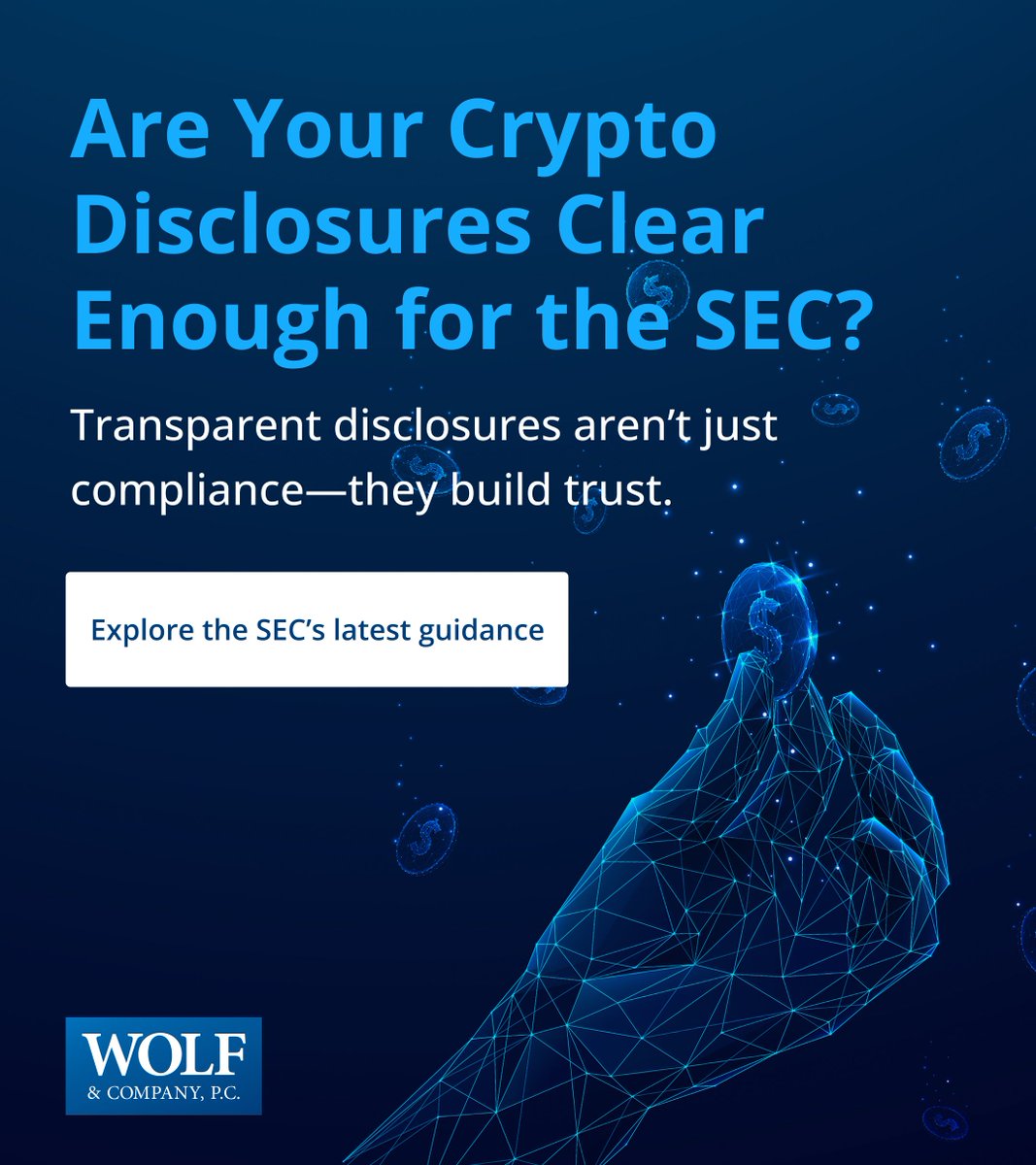 wolfandcompany's tweet photo. Regulatory pressure on digital assets is only growing, and CEOs and CROs need clarity to stay ahead. 

The SEC’s latest disclosure expectations signal a shift token issuers can’t afford to ignore. Gini Rubega breaks down what’s changing and how to navigate the new rules with confidence.

👉 Read the full insight: https://t.co/QFXWucEKur

#DigitalAssets #Compliance #CryptoLeadership #Regulation