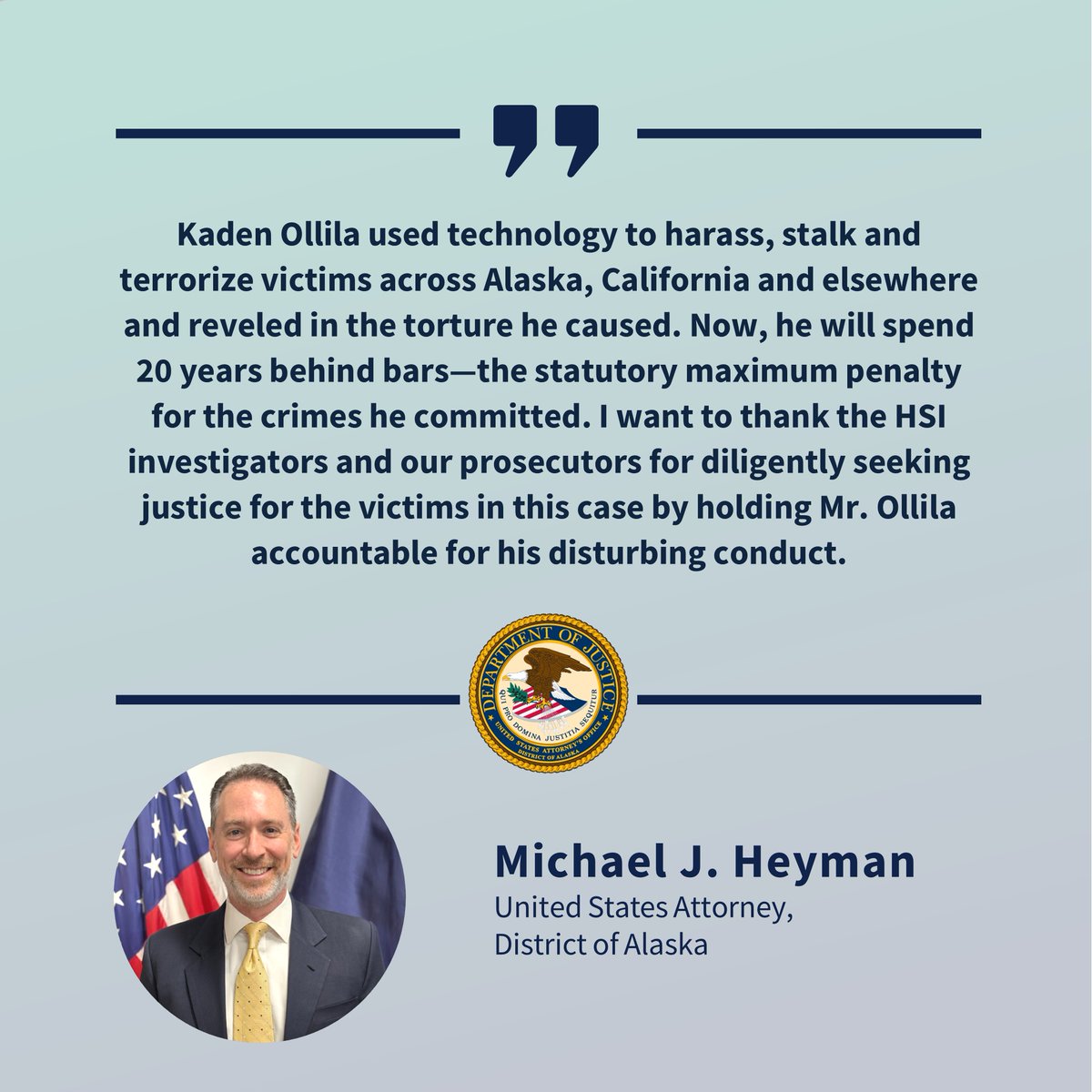 A Washington man was sentenced yesterday to 20 years in prison, &amp;, upon release, will serve the rest of his life on supervised release for child pornography &amp; cyberstalking crimes that directly impacted least 61 minor victims. <a href="/HSI_HQ/">Homeland Security Investigations</a> <a href="/HSISeattle/">HSI Pacific Northwest</a> 🔗justice.gov/usao-ak/pr/was…