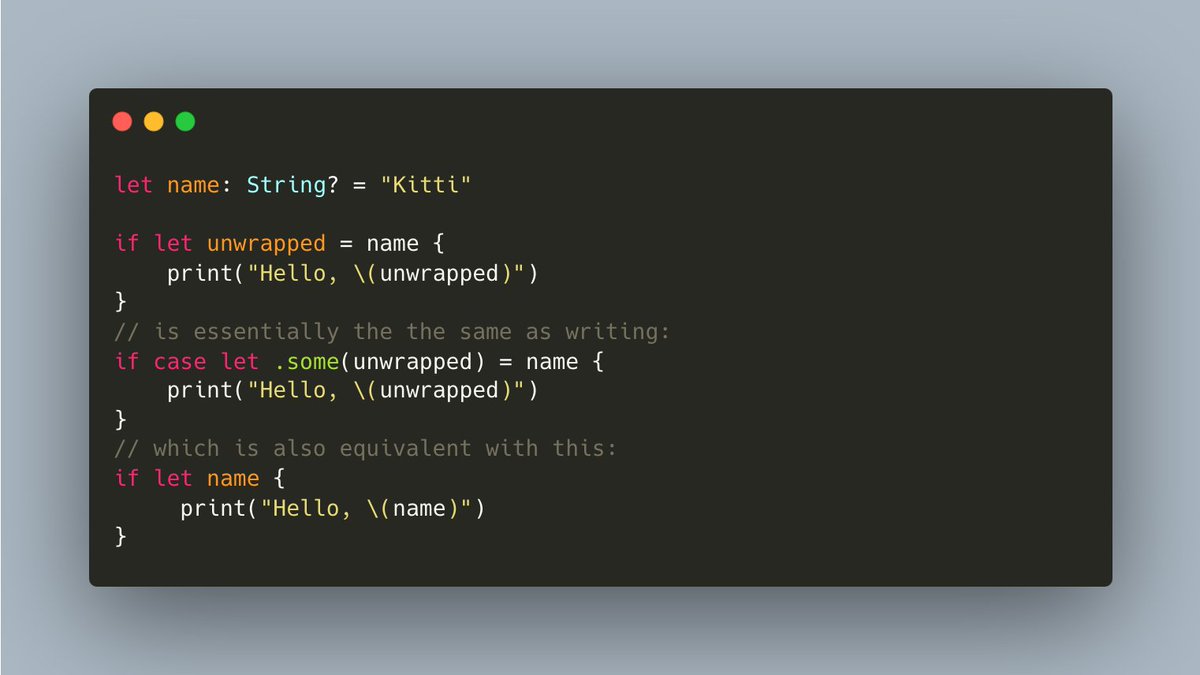 Tibor Bödecs (@tiborbodecs) on Twitter photo Honestly, I never realized that the “if let” syntax is actually pattern matching behind the scenes...
...until <a href="/kittibodecs/">Kitti Bödecs</a> showed me this snippet. ⤵️ Honestly, I never realized that the “if let” syntax is actually pattern matching behind the scenes...
...until <a href="/kittibodecs/">Kitti Bödecs</a> showed me this snippet. ⤵️