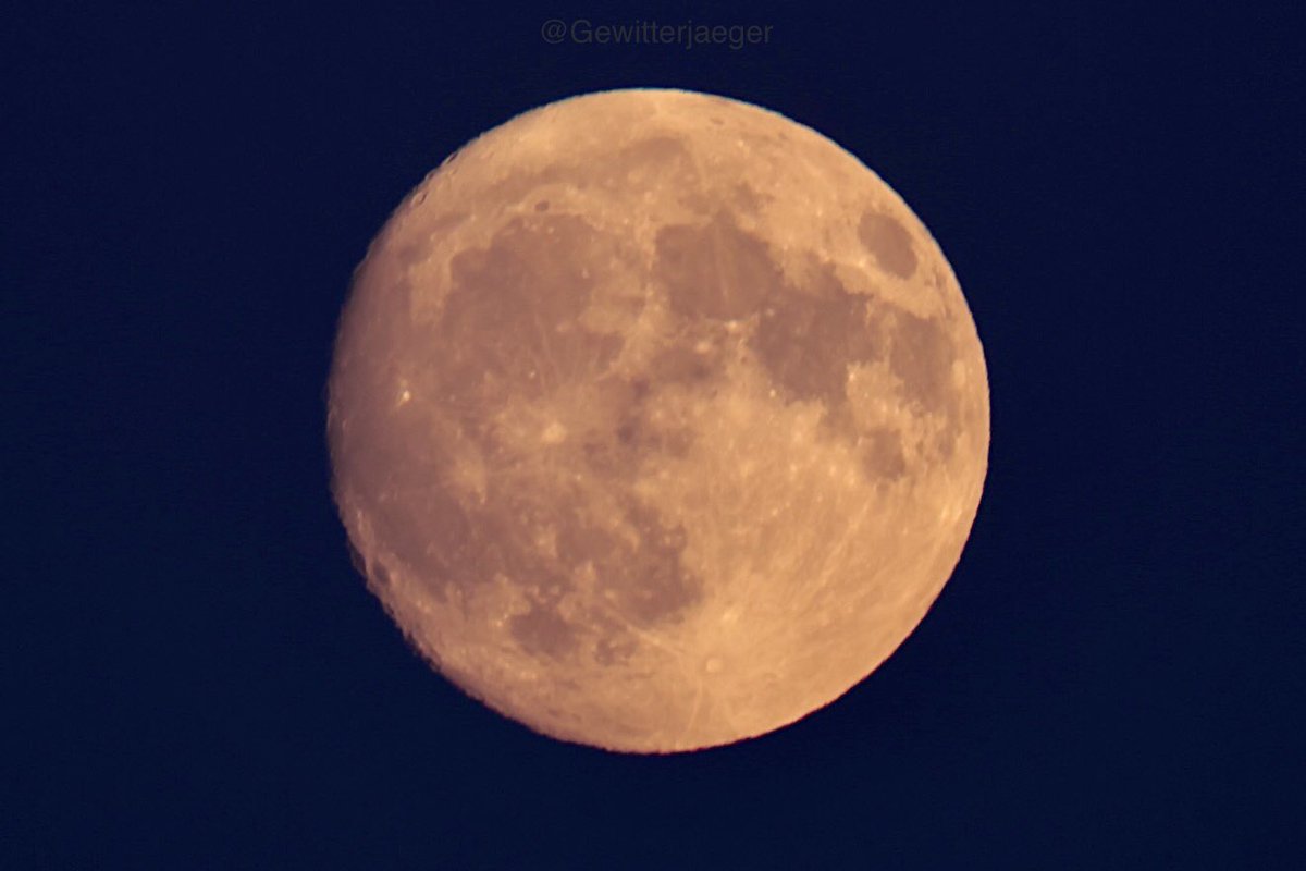 Na da hat der Fast-Vollmond (97%) aber gut zu kämpfen gehabt, eher er diese dreckige untere Luftschicht durchdringen konnte. Dafür strahlt er jetzt mit der Höhe umso deutlicher. 

#moon 🌕