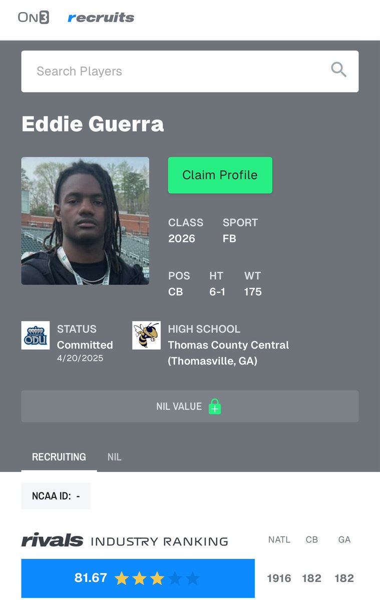 Eddie βOchoβ Guerra π± (@eddieg_1002) on Twitter photo Blessed and honored to be identified as a 3 βοΈ recruit by <a href="/Rivals/">Rivals</a> !!! π±
<a href="/samspiegs/">Sam Spiegelman</a> <a href="/ChadSimmons_/">ChadSimmons</a> <a href="/247recruiting/">247Sports Recruiting</a> <a href="/RecruitGeorgia/">Recruit Georgia</a> <a href="/itgnext_georgia/">ITG Next - Georgia</a> <a href="/GHSnewssports/">GHS Sports News</a> <a href="/tcchsyjfootball/">TCCHS Football</a> <a href="/ODUFootball/">ODU Football</a> <a href="/CoachJRogers1/">Justin Rogers</a> <a href="/ODUMonarchists/">ODU Monarchists ποΈ</a> <a href="/CoachAtkins_M/">Coach Mod πΆ</a> <a href="/Coach__Seiler/">Blake Seiler</a> <a href="/CoachReed_UA/">Kresean Reed Sr.</a> <a href="/CoachHSims/">HUNTER SIMS</a> Blessed and honored to be identified as a 3 βοΈ recruit by <a href="/Rivals/">Rivals</a> !!! π±
<a href="/samspiegs/">Sam Spiegelman</a> <a href="/ChadSimmons_/">ChadSimmons</a> <a href="/247recruiting/">247Sports Recruiting</a> <a href="/RecruitGeorgia/">Recruit Georgia</a> <a href="/itgnext_georgia/">ITG Next - Georgia</a> <a href="/GHSnewssports/">GHS Sports News</a> <a href="/tcchsyjfootball/">TCCHS Football</a> <a href="/ODUFootball/">ODU Football</a> <a href="/CoachJRogers1/">Justin Rogers</a> <a href="/ODUMonarchists/">ODU Monarchists ποΈ</a> <a href="/CoachAtkins_M/">Coach Mod πΆ</a> <a href="/Coach__Seiler/">Blake Seiler</a> <a href="/CoachReed_UA/">Kresean Reed Sr.</a> <a href="/CoachHSims/">HUNTER SIMS</a>