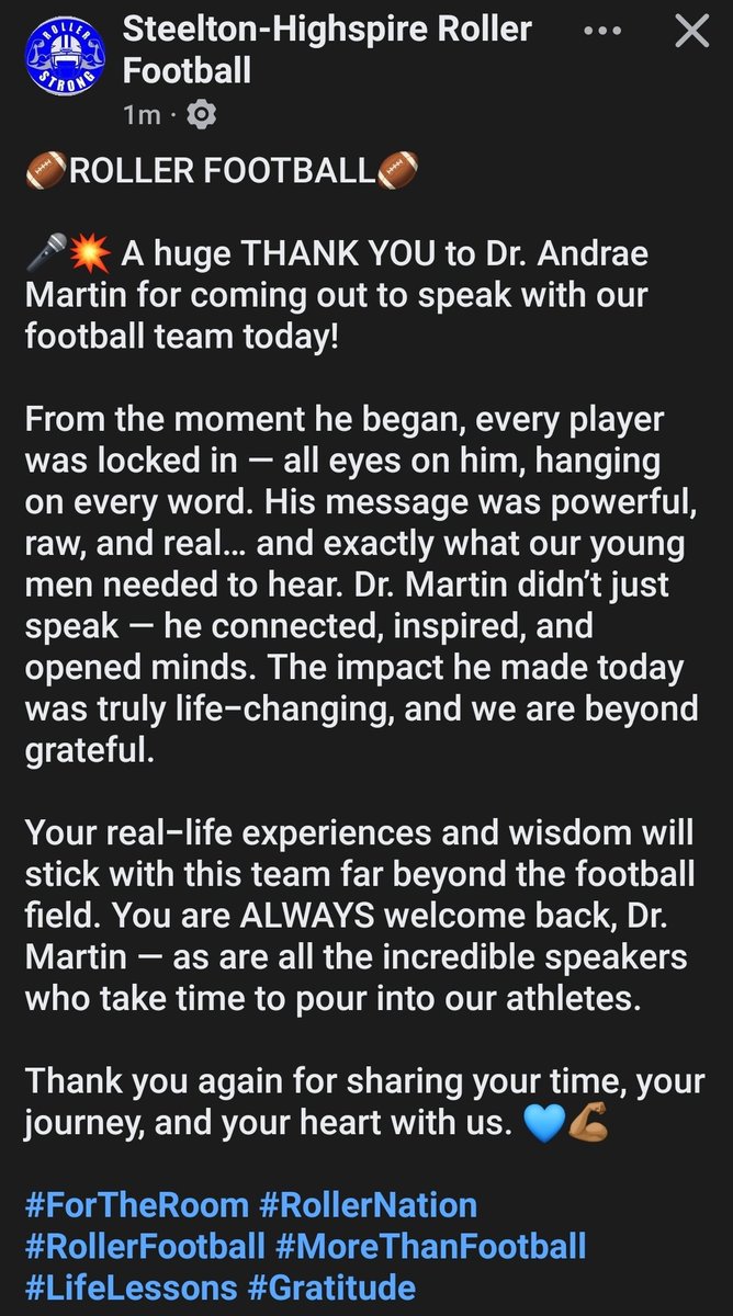 🎤💥 A huge THANK YOU to Dr. Andrae Martin for coming out to speak with our football team today!From the moment he began, every player was locked in — all eyes on him, hanging on every word. His message was powerful, raw, and real… and exactly what our young men needed to hear