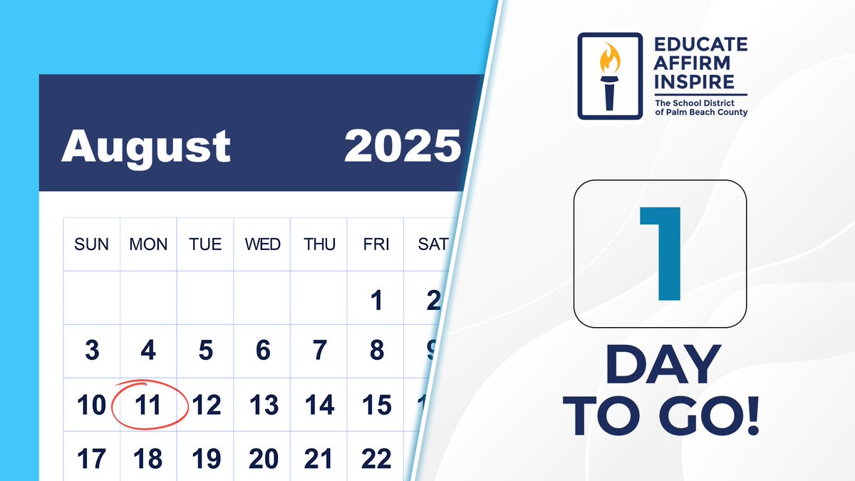 🍎📚🎉 Tomorrow is the big day! School District of Palm Beach County students head back to the classroom. Before you set your alarm tonight for the first day of school, make sure to double-check your school’s hours here: palmbeachschools.org/belltimes

To view the 2025-2026 District