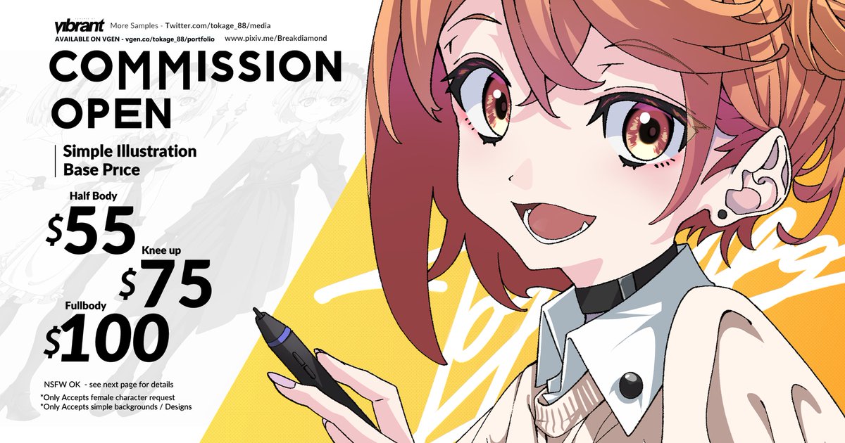 Commission slot August-september 
queue is open for 4 slots!
vgen available! ✨

1/4 slot taken | DM for info!

starts from :
$40 (Headshot) 
$55(halfbody) 
$75 (kneeup) 
$100 (fullbody)  

Retweets are appreciated 🙏✨
#commissionsopen #commissions #anime #illustration #VGen #OC