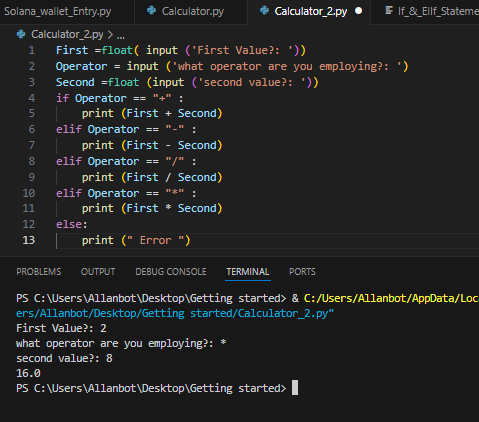 solasneamhni's tweet image. Day 11 of #100DaysOfPython
Built a basic calculator in Python.
It takes two numbers + an operator as input and does the math based on what you enter: +, -, *, or /.
Wrote the logic using if, elif, and else.
#Python #100DaysOfCode #BuildInPublic