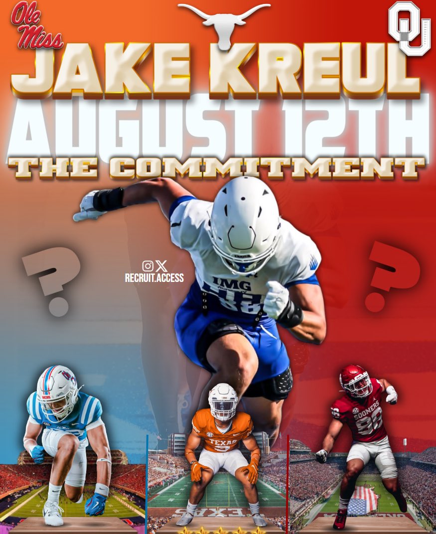 Nate Gravender (@nategravender) on Twitter photo NEWS: 5🌟 EDGE Jake Kreul ( <a href="/JK_DE_SNAKE_34/">Jake Kreul 5⭐️ EDGE</a> ) will announce his commitment on August 12th
Kreul is ranked as a top 25 recruit (#4 EDGE) per the ESPN 300
He will choose between Ole Miss, Texas, and Oklahoma
Where should the 6-3 235 pound EDGE from Bradenton, FL call home? ⬇️ NEWS: 5🌟 EDGE Jake Kreul ( <a href="/JK_DE_SNAKE_34/">Jake Kreul 5⭐️ EDGE</a> ) will announce his commitment on August 12th
Kreul is ranked as a top 25 recruit (#4 EDGE) per the ESPN 300
He will choose between Ole Miss, Texas, and Oklahoma
Where should the 6-3 235 pound EDGE from Bradenton, FL call home? ⬇️