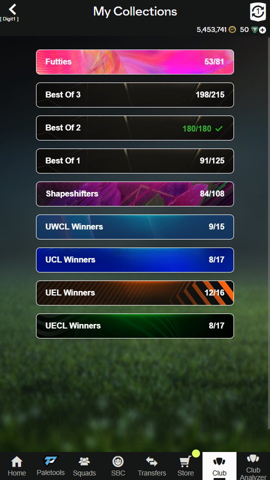 autosbc's tweet image. AutoSBC 25.1.16 is out! New "My Collections" feature in the Club tab. Ever wonder how many Futties players have you actually packed? Or how close you are to having a full roster of Shapeshifters? Now you can find out instantly! 
#autosbc