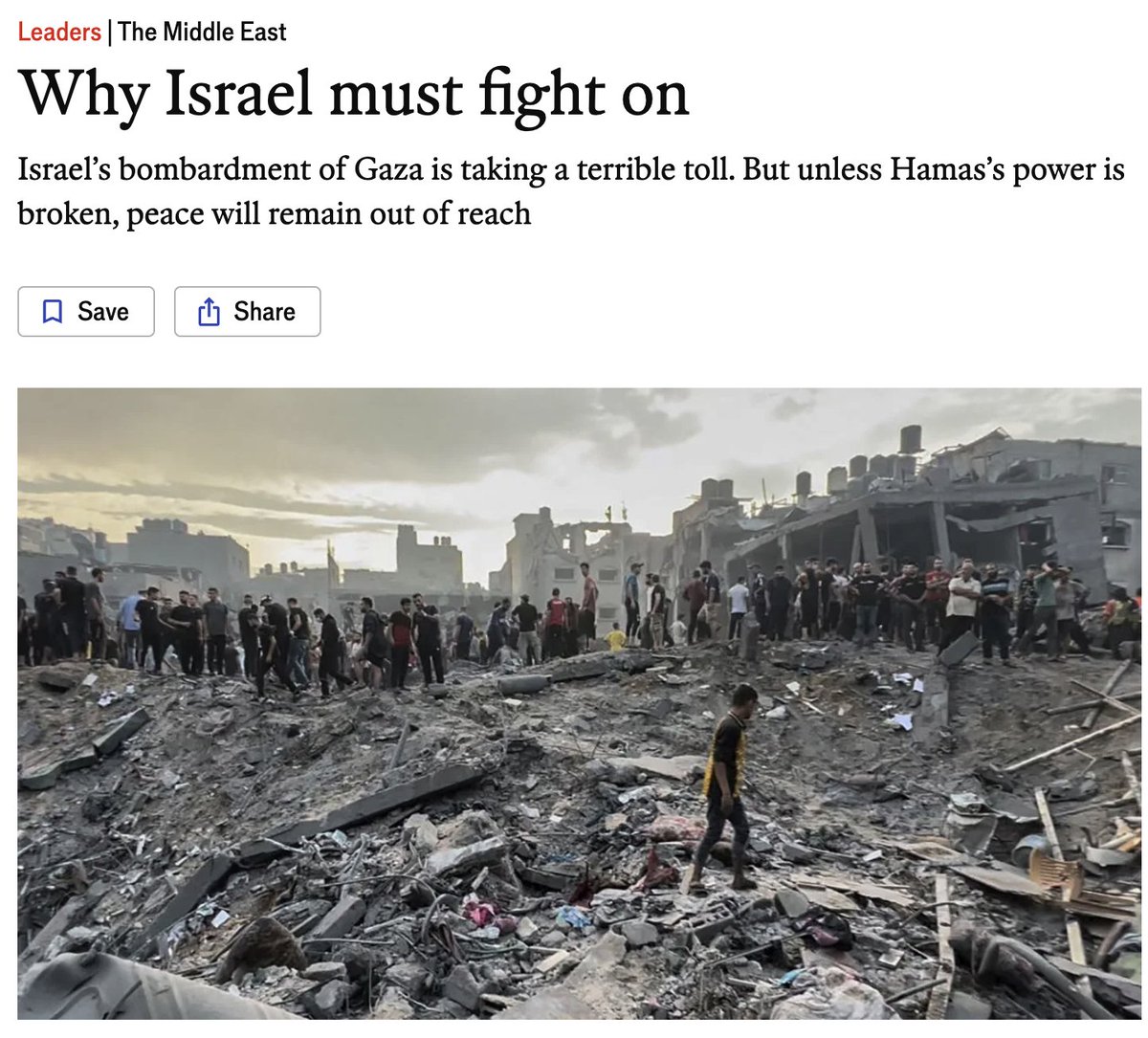 The Economist now publishes damning articles about the mass slaughter of Palestinians.

This same outlet cheered on Israel's genocide, when it was entirely obvious from the beginning what would happen.