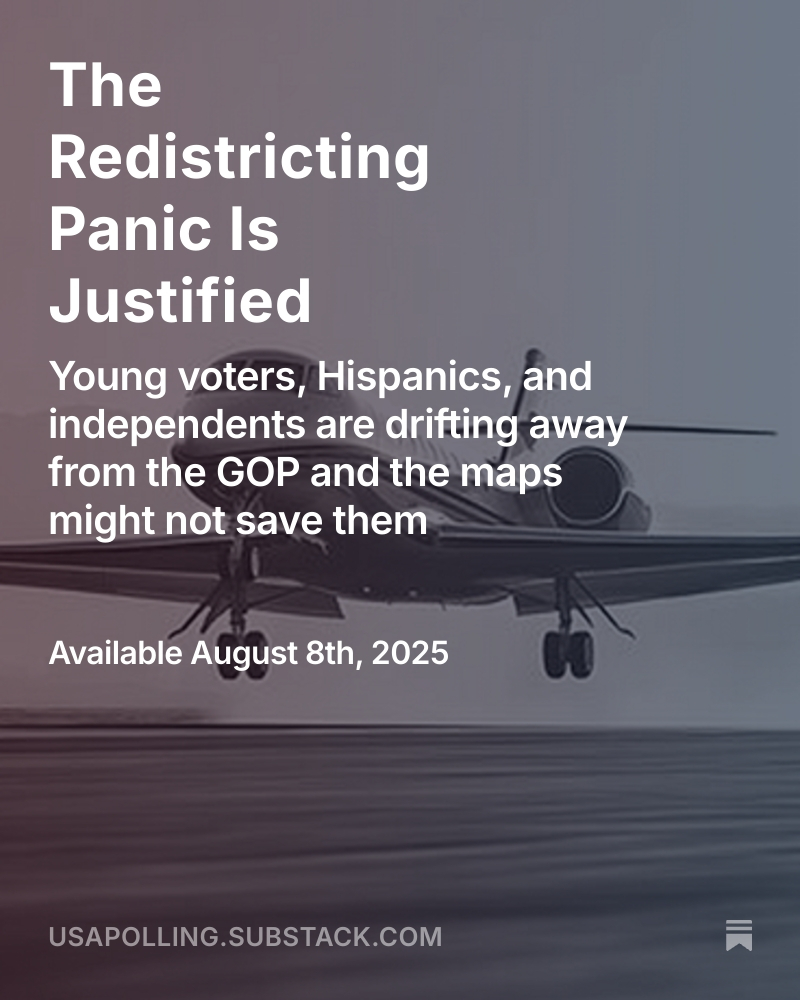 Polling Average On Eight Recent Polls:

🔵 DEM: 47%
🔴 GOP: 43%

⚪️ Other/Undecided: 10%

I break down how Republicans are slipping with key voter groups here -> open.substack.com/pub/usapolling…