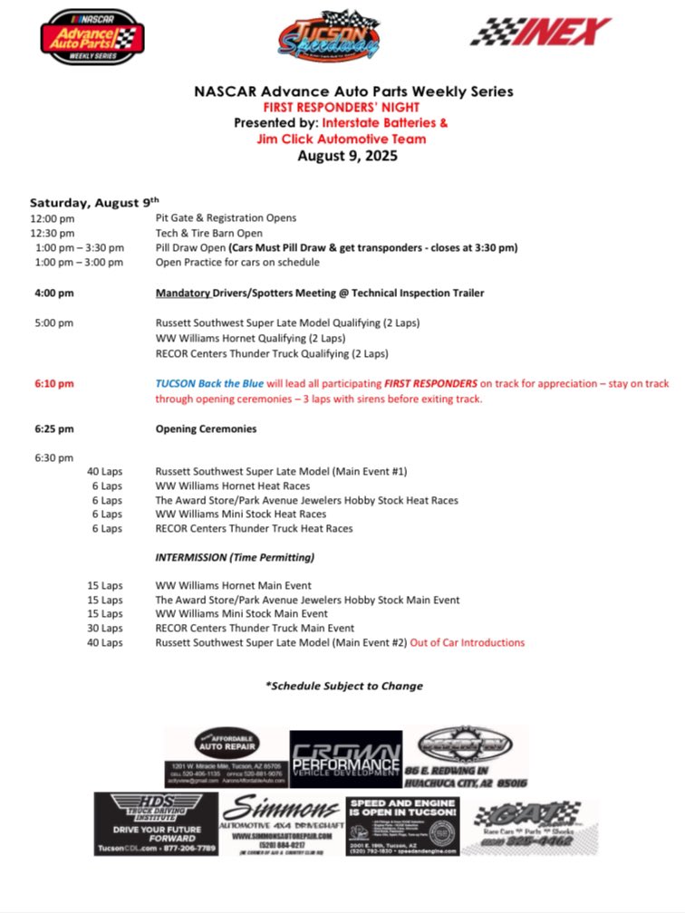 First Responder Night Race Schedule

Gates: 5:00pm