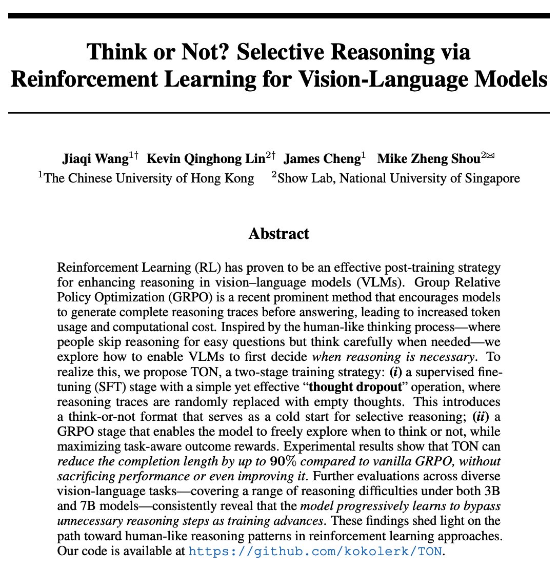 Kevin Lin (@kevinqhlin) on Twitter photo Glad to see GPT-5’s dynamic router balances fast answers and deep reasoning based on query complexity and user intent.
In our recent work “Think-or-Not”: arxiv.org/pdf/2505.16854
We study this adaptive reasoning and introduce an easy-to-follow “thought-dropout” mechanism that Glad to see GPT-5’s dynamic router balances fast answers and deep reasoning based on query complexity and user intent.
In our recent work “Think-or-Not”: arxiv.org/pdf/2505.16854
We study this adaptive reasoning and introduce an easy-to-follow “thought-dropout” mechanism that