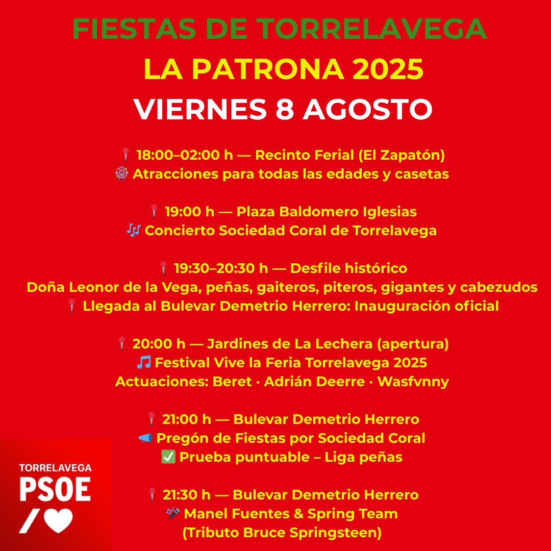 🎉 Mañana viernes 8 de agosto arranca La Patrona 2025‼️

🌹<a href="/Porti_Patri/">Patricia Portilla</a>  ha preparado un programa para todos los públicos y todas las edades y que aúna tradición y modernidad

📅Os dejamos el programa de mañana, el pistoletazo de salida de  las mejores fiestas de Cantabria.❤️💚