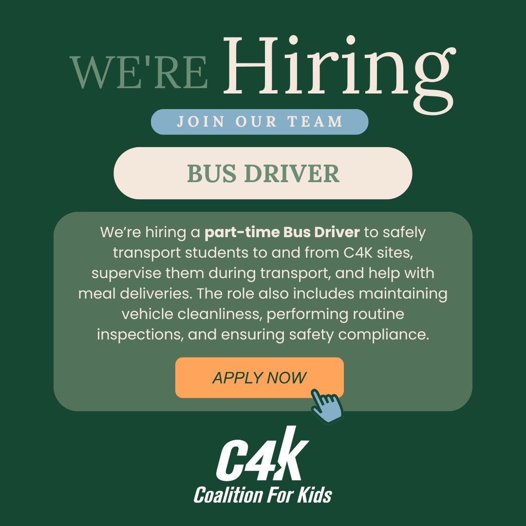 🚌 We're Hiring! 🚌 Join our amazing team! We have immediate openings for:
Bus Drivers &amp; Maintenance/Custodian

Apply today and become part of a team where making a difference matters. coalitionforkids.org/join-our-team/
