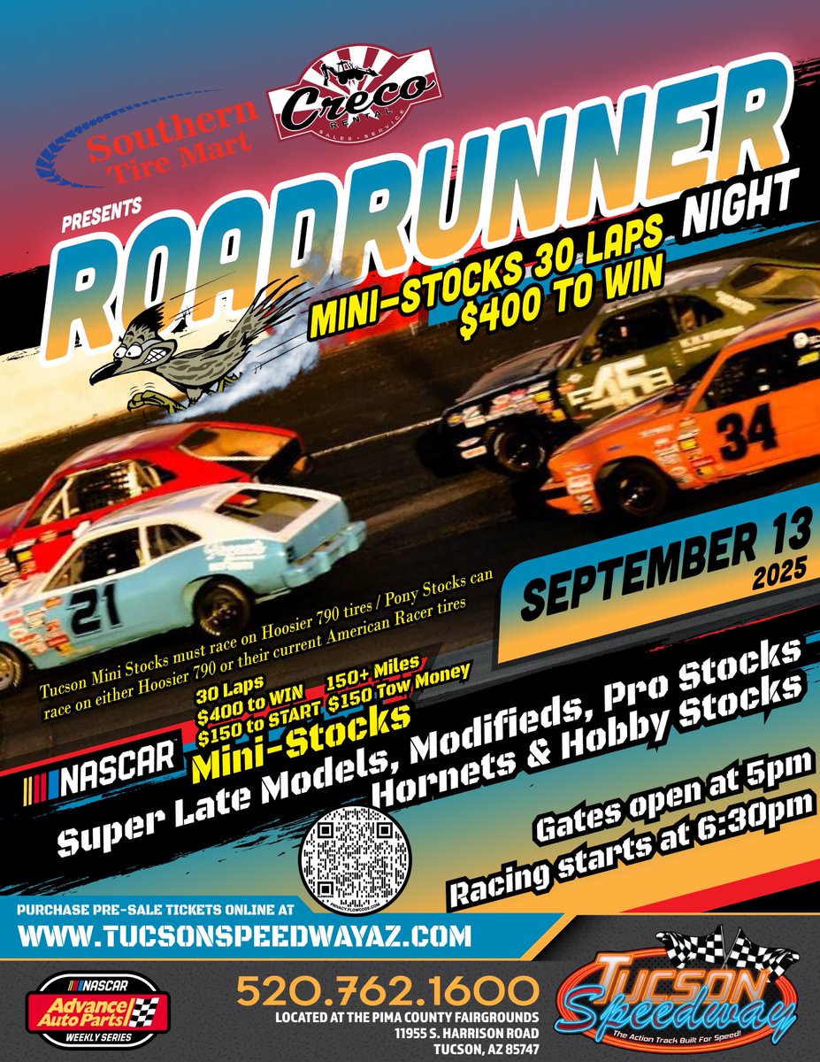 September 13th is the NASCAR Weekly Series points finale, and will feature a $400 to win mini-stock event putting the AZ Mini’s up against the California Pony Stocks!