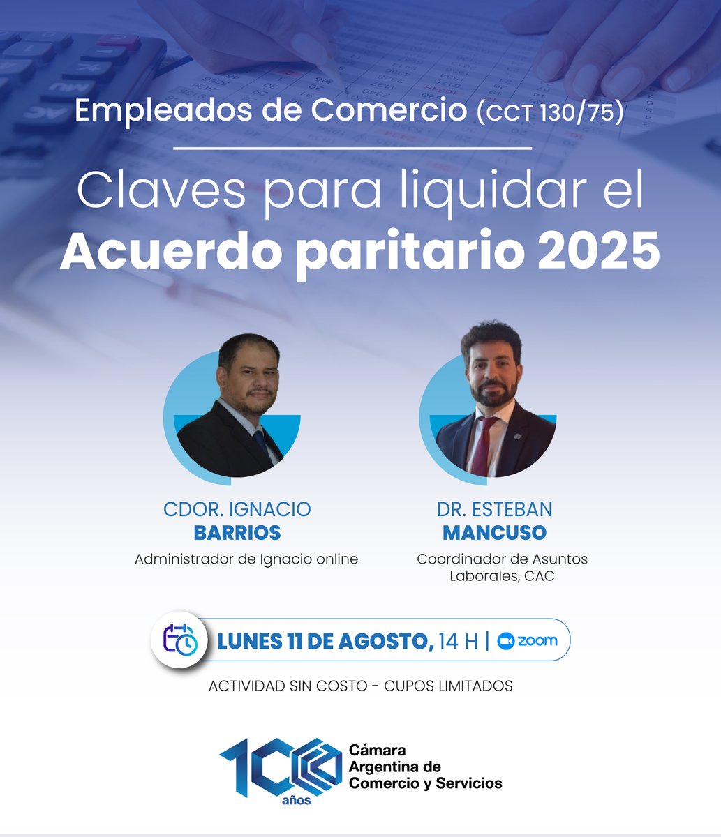CAC (@cacteinforma) on Twitter photo 🔹 #WebinarCAC | Empleados de Comercio (CCT 130/75)
Todo sobre el Acuerdo Paritario agosto 2025 y su impacto en la liquidación de sueldos.
🎙️ <a href="/estebantrabajo/">Esteban Mancuso</a> e <a href="/ignacioonline/">Ignacio online</a>
👉 Inscribite ahora: dep.cac.com.ar/actividad/empl… 🔹 #WebinarCAC | Empleados de Comercio (CCT 130/75)
Todo sobre el Acuerdo Paritario agosto 2025 y su impacto en la liquidación de sueldos.
🎙️ <a href="/estebantrabajo/">Esteban Mancuso</a> e <a href="/ignacioonline/">Ignacio online</a>
👉 Inscribite ahora: dep.cac.com.ar/actividad/empl…