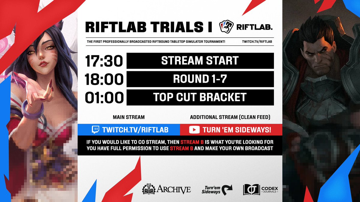 Join us for Riftlab Trials I powered by Piltover Archive!

🕠 17:30 CEST - Stream Start
🕕 18:00 CEST - Rounds 1 - 7
🕐 01:00 CEST - Top Cut Bracket

📺 Stream links in replies!

#Riftbound #PiltoverArchive #RiftlabTrials