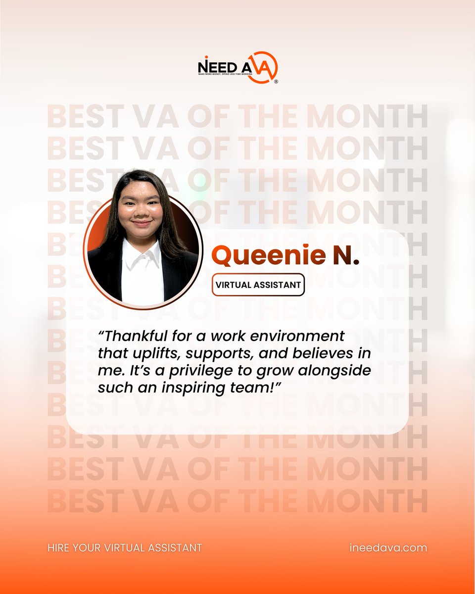 ineeda_va's tweet image. VAs of the Month Spotlight 

Shoutout to Truthful, Mary Diane, and Queenie, our top-performing Virtual Assistants this month!

Their dedication, professionalism, and passion for helping clients succeed truly set them apart. 
#VAoftheMonth #INeedAVA #TopVAs #VirtualAssistant