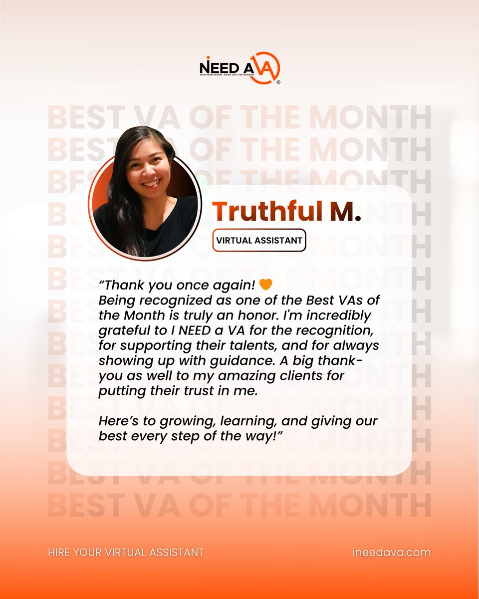 ineeda_va's tweet image. VAs of the Month Spotlight 

Shoutout to Truthful, Mary Diane, and Queenie, our top-performing Virtual Assistants this month!

Their dedication, professionalism, and passion for helping clients succeed truly set them apart. 
#VAoftheMonth #INeedAVA #TopVAs #VirtualAssistant
