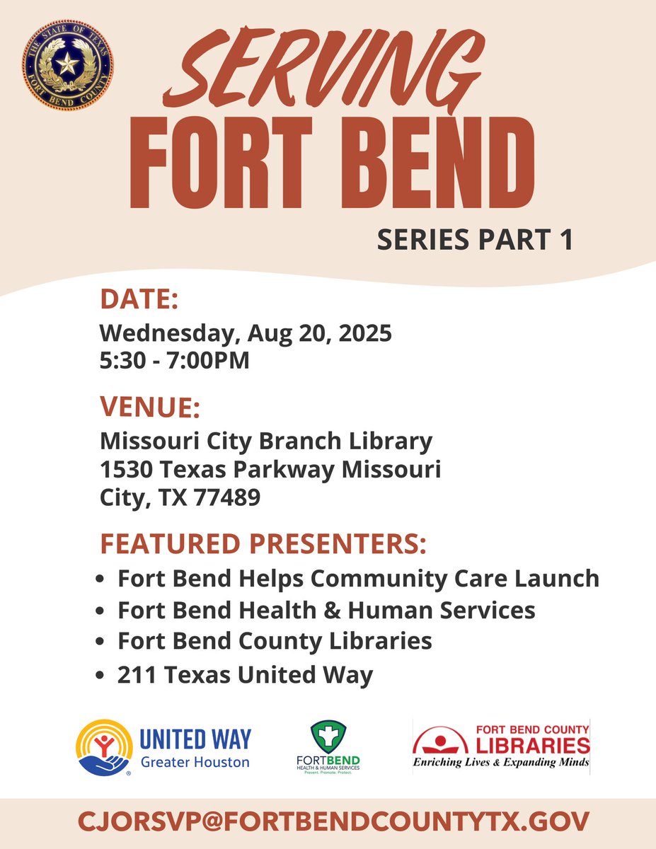 County Judge KP George (@judgekpgeorge) on Twitter photo Come out to Serving Fort Bend: Series Part 1 and learn how county departments and local partners are here to support YOU and your family. 🙌
🗓️ Aug 20 | 🕠 5:30 PM
📍 Missouri City Branch Library
Questions? Email: CJORSVP@fortbendcountytx.gov
#ServingFortBend #MissouriCityTX Come out to Serving Fort Bend: Series Part 1 and learn how county departments and local partners are here to support YOU and your family. 🙌
🗓️ Aug 20 | 🕠 5:30 PM
📍 Missouri City Branch Library
Questions? Email: CJORSVP@fortbendcountytx.gov
#ServingFortBend #MissouriCityTX