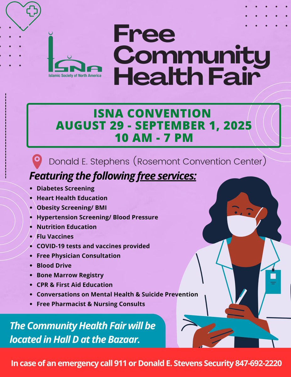 Prioritizing community wellness at the ISNA Convention!

Visit the Free Community Health Fair from August 29–September 1, 2025, for screenings, consultations, vaccines, and more. 

Your health matters!

Visit hq.isna.net/annual-convent… for more information.

#communityhealth