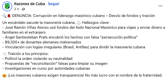 Comienza el asesinato a la reputación de los masones cubanos... esta página manejada por la Seguridad del Estado acusa al líder masónico José Ramón Viñas de desvío de fondos y traición.

El mismo guión repetido una y otra vez contra todo aquel que disienta... son maquiavélicos.