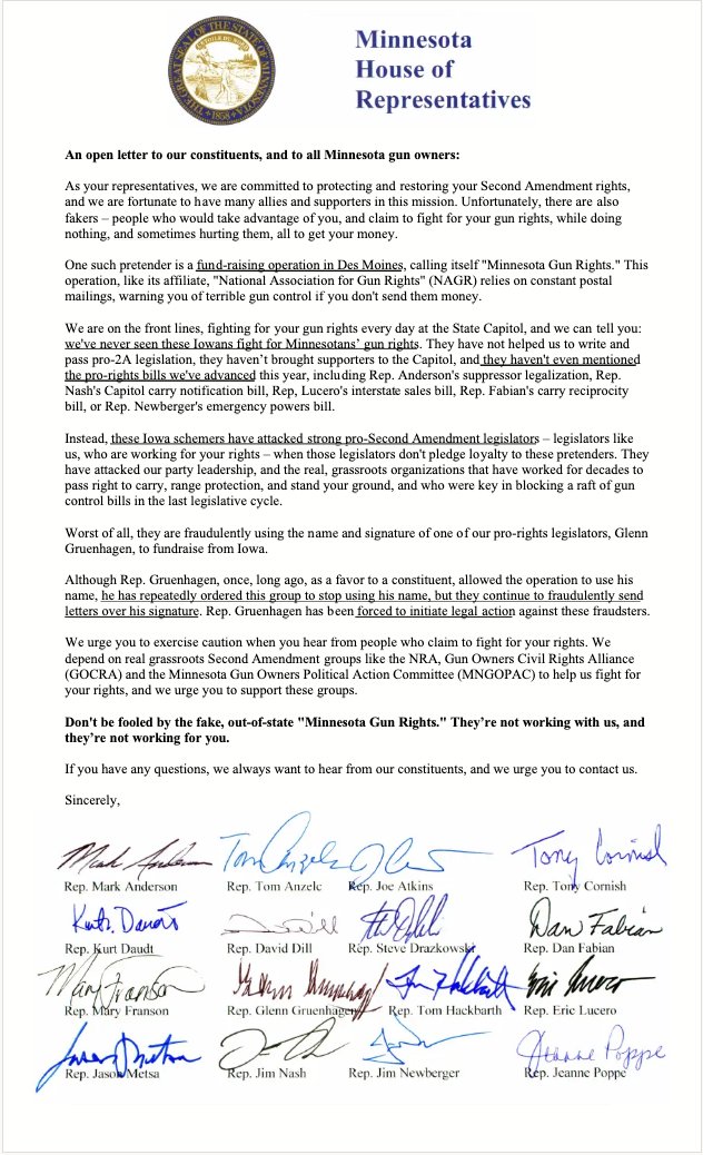16 Republican State representatives publicly disavowed Minnesota Gun Rights, one of the Dorr Brothers' operations after repeated attacks and slander from the group and the brothers