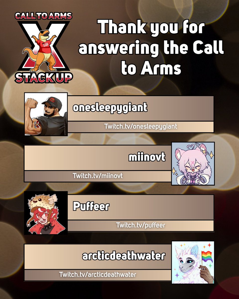 Stack Up Rex (@stackuprex) on Twitter photo Thank you to these incredible folks for gaming for a good cause with <a href="/StackUpDotOrg/">Stack Up</a>!
We appreciate you.
<a href="/OneSleepyGiant/">A Tired Tallboi</a> | Twitch.tv/onesleepygiant
<a href="/miinovt/">miino 🐭 🌃 🌟 BACK ON THE GRIND</a> | Twitch.tv/miinovt
<a href="/Puffeeer/">Puffeer</a> | Twitch.tv/puffeer
arcticdeathwater | Twitch.tv/arcticdeathwat… Thank you to these incredible folks for gaming for a good cause with <a href="/StackUpDotOrg/">Stack Up</a>!
We appreciate you.
<a href="/OneSleepyGiant/">A Tired Tallboi</a> | Twitch.tv/onesleepygiant
<a href="/miinovt/">miino 🐭 🌃 🌟 BACK ON THE GRIND</a> | Twitch.tv/miinovt
<a href="/Puffeeer/">Puffeer</a> | Twitch.tv/puffeer
arcticdeathwater | Twitch.tv/arcticdeathwat…