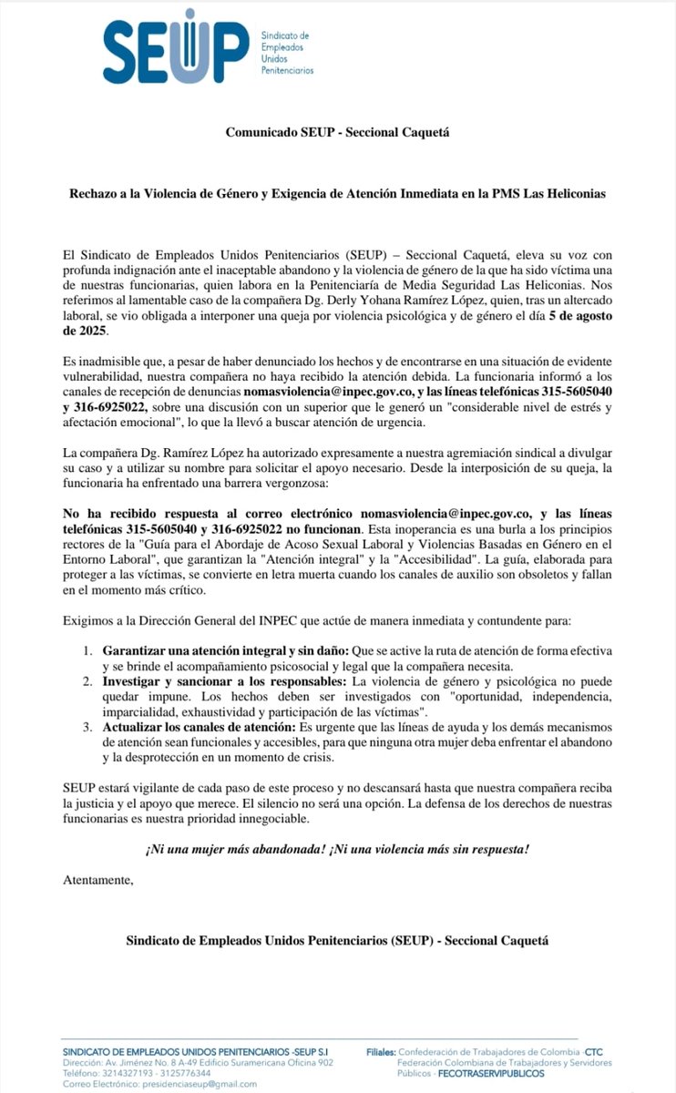 En solidaridad con nuestra compañera, una víctima de violencia de género, el Sindicato de Empleados Unidos Penitenciarios (SEUP) Seccional Caquetá y desde el Comité Ejecutivo Nacional levantamos la voz. 
Exigimos justicia, apoyo y atención inmediata. ¡Ni una más abandonada, ni