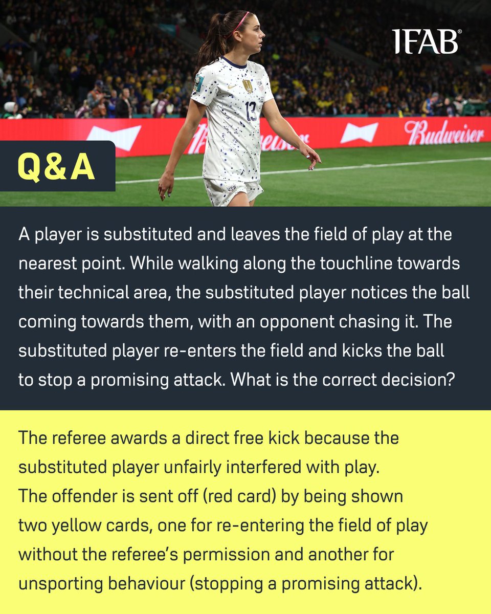 A player is substituted and leaves the field of play at the nearest point. While walking along the touchline towards their technical area, the substituted player notices the ball coming towards them, with an opponent chasing it. The substituted player re-enters the field and