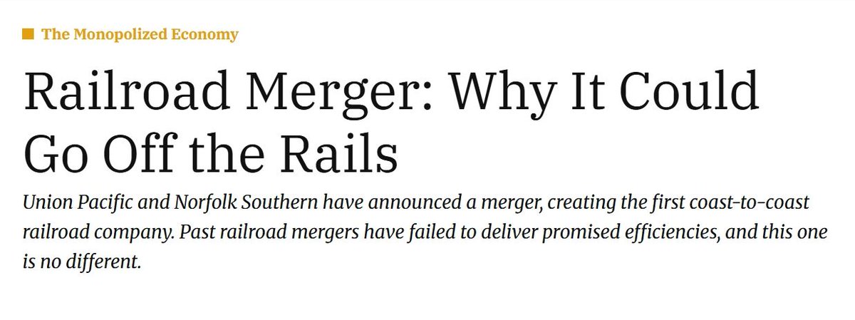 Regulators are considering allowing Union Pacific to absorb Norfolk Southern in a $250B merger — a move that would only further consolidate the industry.

"Rather than streamline freight services, these mega-mergers tend to break systems and concentrate power."