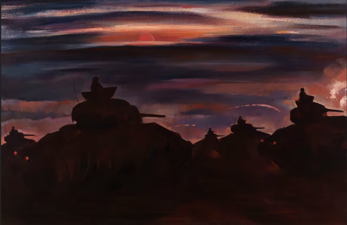 The  painting "Tanks Moving Up for the Breakthrough" by George Pepper depicts the first night attack of Operation Totalize on 7 August 1944. (Canadian War Museum, CWM13795)