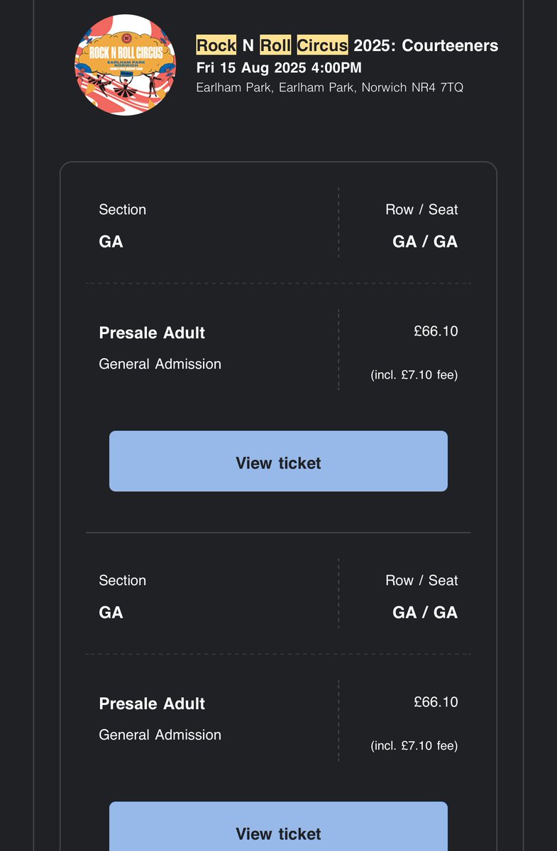 ebedding_'s tweet image. Selling x2 GA + VIP tickets for Norwich Rock and Roll Circus @ Earlham Park 15/08. 

Paid £210+ altogether, looking for £75 each ONO xxx