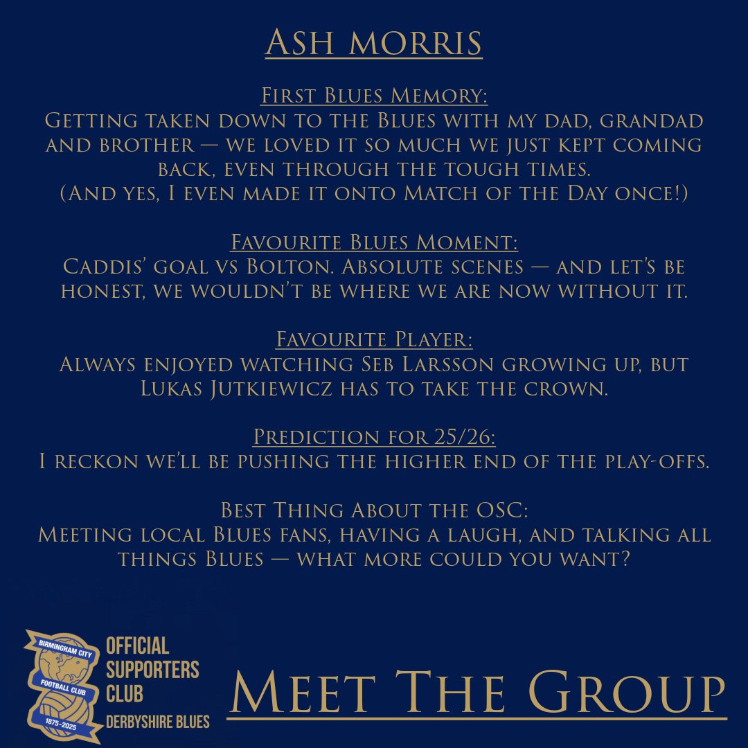 MEET THE GROUP: Ash - <a href="/Ashmorris1875/">Ash Morris</a>
From family trips to St Andrew’s to a surprise Match of the Day cameo - Ash has stuck with Blues through it all. Big fan of Seb Larsson, but the Juke takes top spot. Backing us for a strong play-off push this season
#BCFC #KRO #DerbyshireBlues