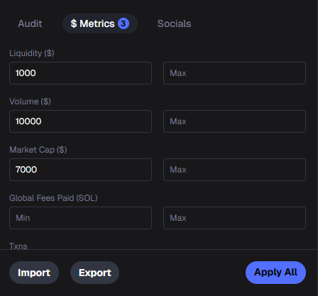 N0vaNimbuskhuw's tweet photo. First, set up your filters

You don’t need a lot, just solid ones that highlight coins about to move

Use tools like Axiom (if you’re not, you’re behind)

Create a “Final Stretch” tab with your best filters. That's your gold mine https://t.co/MQQ0lyWHHC