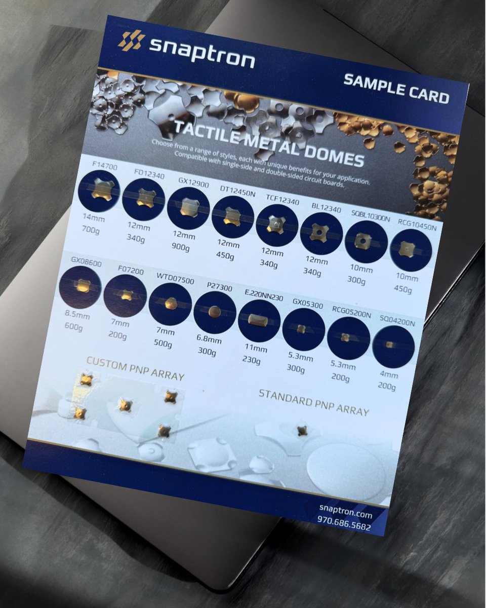 Snaptron's tweet image. Dial in the right fit for your design. From wearables to industrial controls, Snaptron domes range from 4mm to 50.8mm in diameter and 0.23mm to 1.52mm in height.

Need to evaluate options? Comment “Sample Card” and we’ll send you one.

#Snaptron #TactileDomes #SwitchDesign
