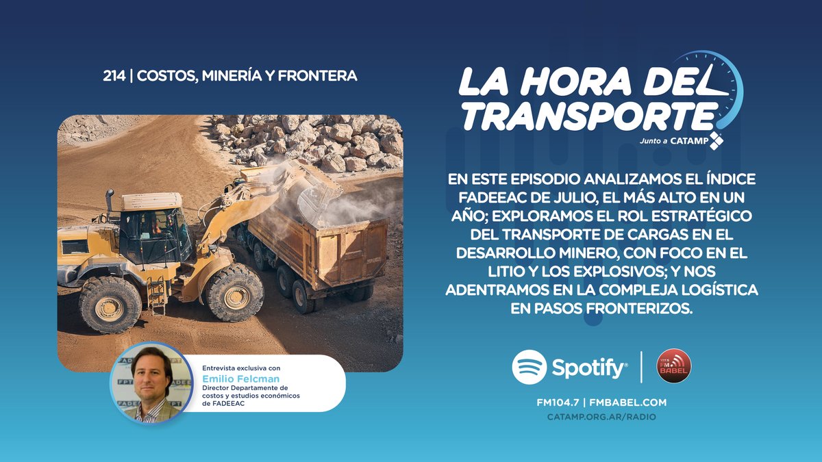 #HOY 17hs #viernesde La Hora del Transporte en <a href="/fmbabel/">FM Babel 107.5</a> 104.7 
Índice FADEEAC de julio, Transporte en minería y Logística en pasos fronterizos

🎙️Escuchalo en fmbabel.com

A las 18hs en:
Spotify bit.ly/LHDTPodcast_Sp…
YouTube  #LaHoraDelTransporte

<a href="/FADEEAC/">FADEEAC</a>