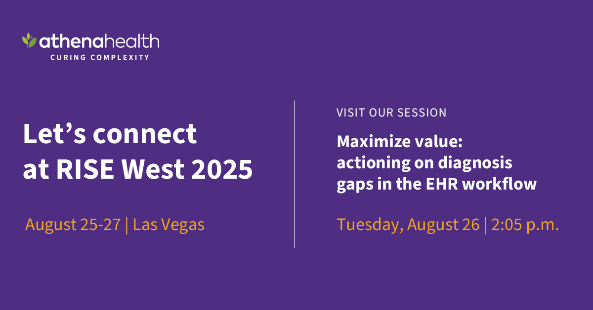 athenahealth's tweet image. What if you could share clinical data directly within a provider’s EHR workflow at the moment of care? Join us at #RISEWest to learn how athenaPayer®surfaces critical clinical information, such as diagnosis &amp;amp; care gaps, exactly when providers need it most. #athenahealth @RISEhlth