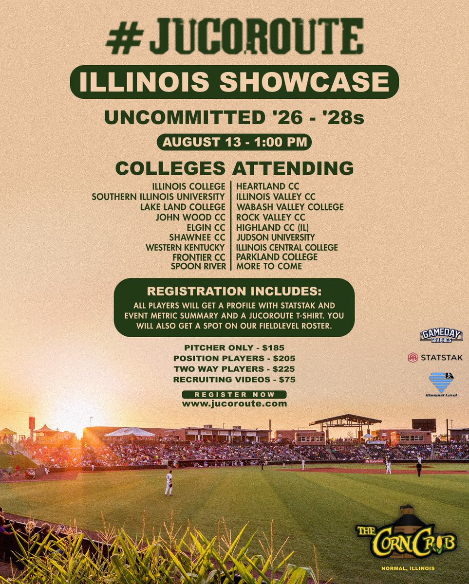#JucoRoute (@jucoroute) on Twitter photo 17+ Colleges | Limited Spots remain
ILLINOIS SHOWCASE
NORMAL, IL
⚾️UNCOMMITTED HS GUYS⚾️
📆 AUGUST 13
⏰1:00PM
🏟CORN CRIB
🎬Recruiting Video Available
REGISTER 👉JucoRoute.com
Metrics
<a href="/GamedayLLC/">GameDay Graphics LLC</a> <a href="/Austin_allen1/">Austin Allen</a> 17+ Colleges | Limited Spots remain
ILLINOIS SHOWCASE
NORMAL, IL
⚾️UNCOMMITTED HS GUYS⚾️
📆 AUGUST 13
⏰1:00PM
🏟CORN CRIB
🎬Recruiting Video Available
REGISTER 👉JucoRoute.com
Metrics
<a href="/GamedayLLC/">GameDay Graphics LLC</a> <a href="/Austin_allen1/">Austin Allen</a>