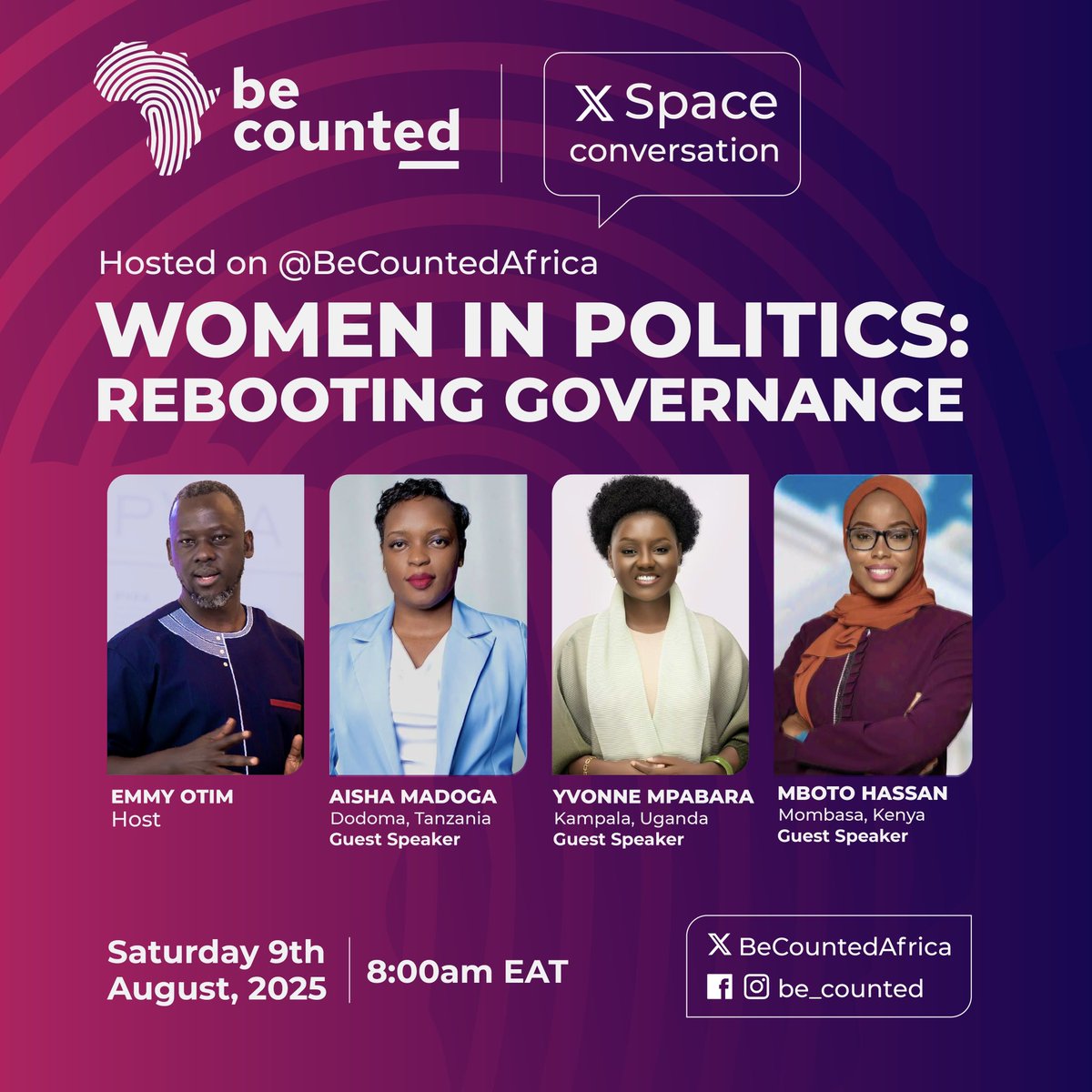 Emmy-OTIM (@ideasug) on Twitter photo Women in Politics: Join me on Saturday morning (8am EAT) as I host 3 phenomenal ladies that are defying the odds to run in constituencies dominated by men. <a href="/BeCountedAfrica/">Be Counted</a> <a href="/AishaSMadoga/">Aisha Saleh Madoga</a> <a href="/__Mpambara/">Yvonne Mpambara</a> <a href="/mbotohassan/">mboto hassan</a>
Producer: <a href="/JoramElje/">Joram Elje</a> Women in Politics: Join me on Saturday morning (8am EAT) as I host 3 phenomenal ladies that are defying the odds to run in constituencies dominated by men. <a href="/BeCountedAfrica/">Be Counted</a> <a href="/AishaSMadoga/">Aisha Saleh Madoga</a> <a href="/__Mpambara/">Yvonne Mpambara</a> <a href="/mbotohassan/">mboto hassan</a>
Producer: <a href="/JoramElje/">Joram Elje</a>