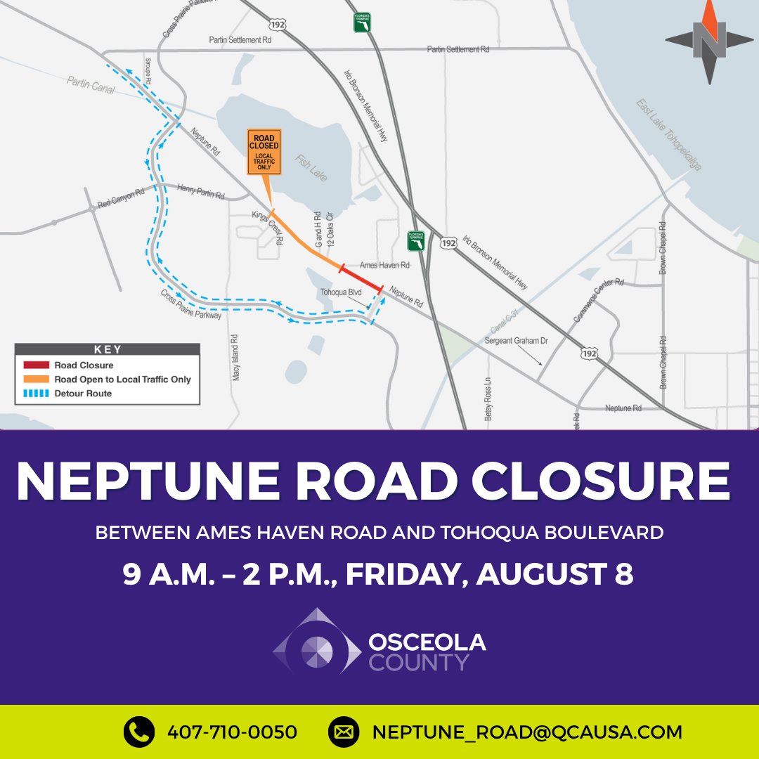 🚧 Detour Notice: Neptune Road Closure 🚧

Neptune Road will be closed between Ames Haven Road and Tohoqua Boulevard, 9 a.m. – 2 p.m. on Friday, August 8.

Thru traffic will be directed to Cross Prairie Parkway. Signage will be in place to guide drivers and pedestrians. Please