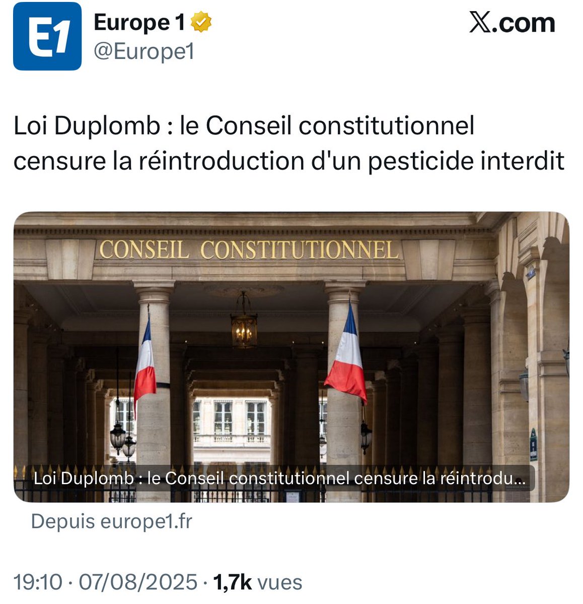 fxbellamy's tweet image. Pour le Conseil Constitutionnel, protéger les Français compte seulement quand il s’agit d’achever nos agriculteurs en leur interdisant un produit autorisé partout en Europe - et qui restera autorisé partout dans nos maisons... En revanche, le principe de précaution ne vaut pas…