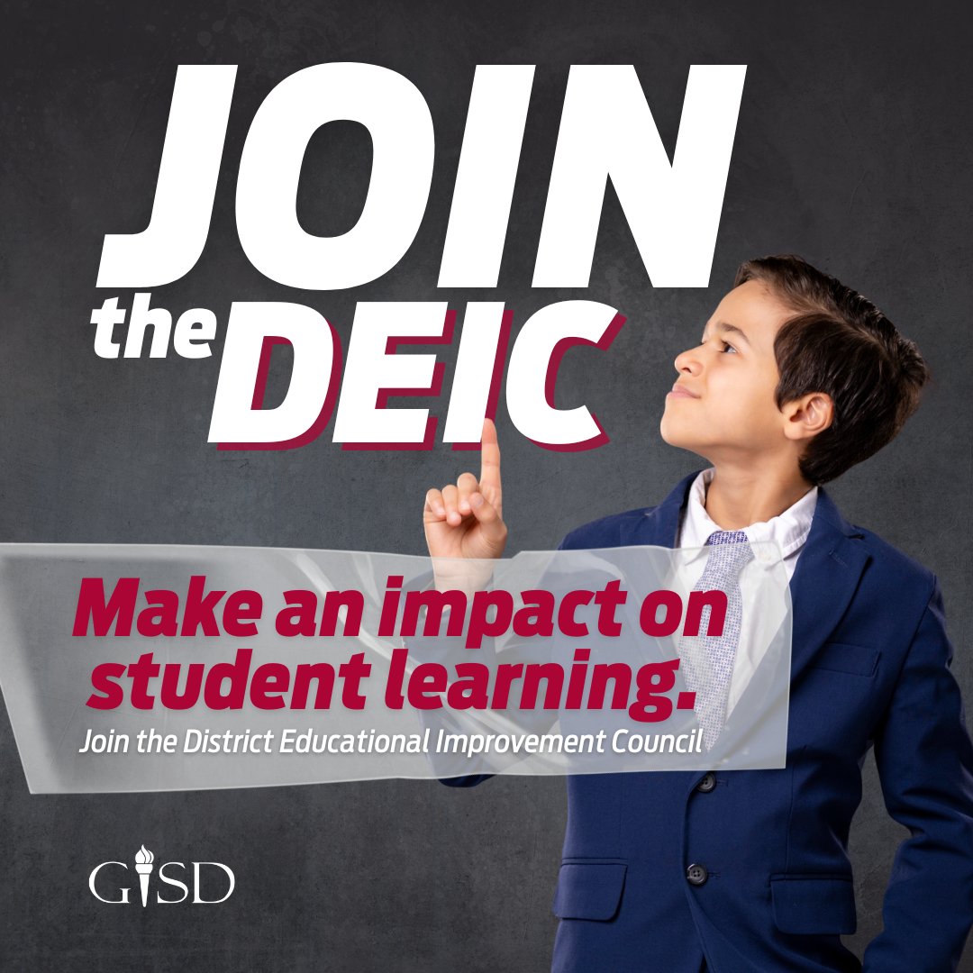 Garland ISD (@gisdnews) on Twitter photo Make an impact on student learning!
Garland ISD is looking for parents, community members, and business leaders to join the District Educational Improvement Council (DEIC).
Each school year, there are 9 open seats:
- 3 parent representatives: with one or more child attending Make an impact on student learning!
Garland ISD is looking for parents, community members, and business leaders to join the District Educational Improvement Council (DEIC).
Each school year, there are 9 open seats:
- 3 parent representatives: with one or more child attending