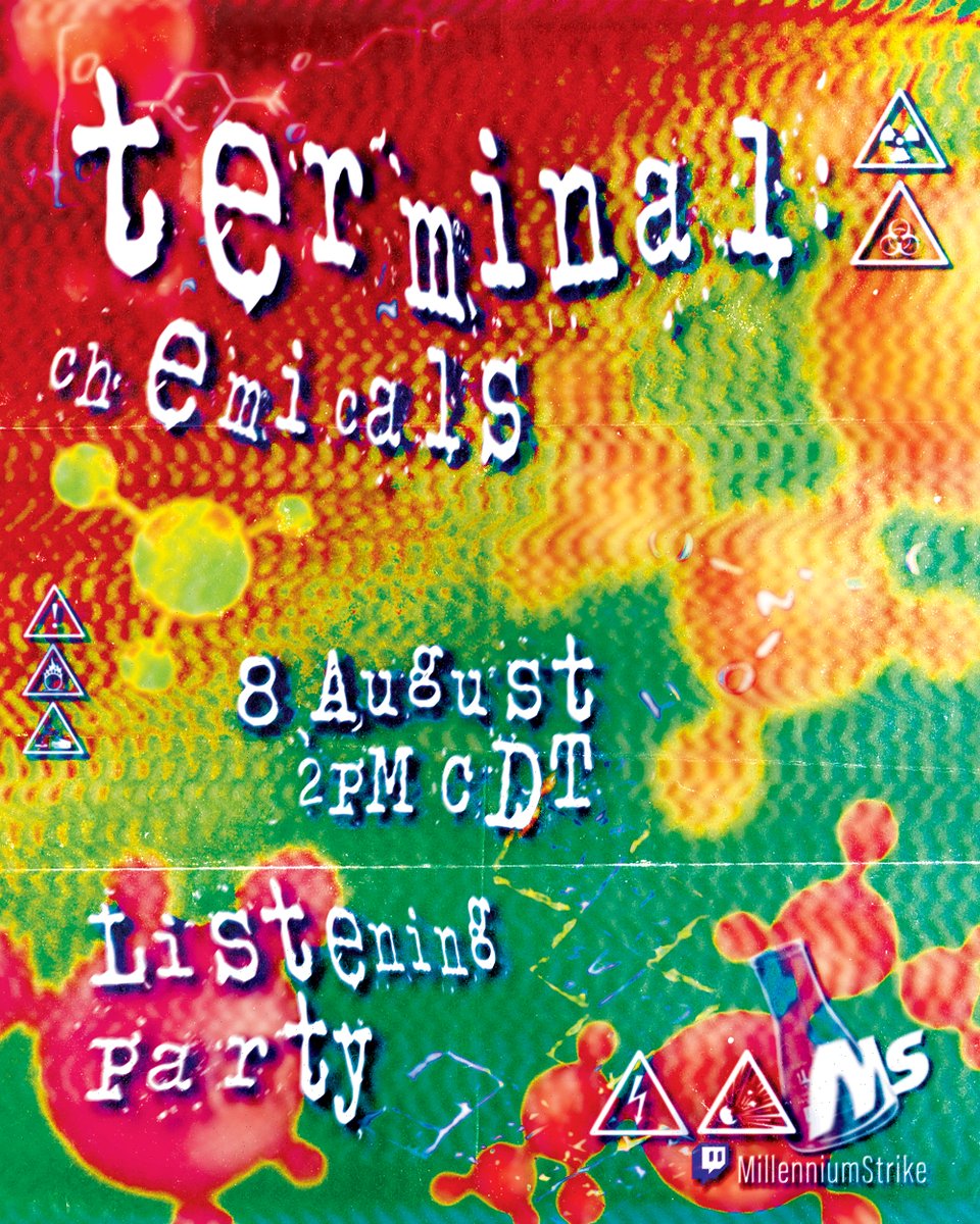MILLENNIUM STRIKE (@milleniumstrike) on Twitter photo TOMORROW at 2:00pm CDT 
TERMINAL Q3 2025 // CHEMICALS 
LISTENING PARTY!!
twitch.tv/millenniumstri…
featuring new music by:
<a href="/Be_Boldmusic/">Be_Bold</a> 
<a href="/DJNeoDestiny/">neodestiny.net on bsky</a> 
<a href="/mailtomusic/">@mailtomusic.bsky.social</a> 
<a href="/ssstyks/">Gabe.styks</a> 
<a href="/v8cola1/">v8cola.bsky.social</a> 
<a href="/Katzhumusic/">Katzhu</a> 
<a href="/zrmpa/">Zrmpa</a> 
<a href="/_woodgraves/">woodgraves</a> 
<a href="/crimtanamontele/">Crimtana Montelle</a> 
<a href="/itsashelectric/">@ashelectric.bsky.social</a> 
<a href="/mmicnoise/">MMIC</a> 
... TOMORROW at 2:00pm CDT 
TERMINAL Q3 2025 // CHEMICALS 
LISTENING PARTY!!
twitch.tv/millenniumstri…
featuring new music by:
<a href="/Be_Boldmusic/">Be_Bold</a> 
<a href="/DJNeoDestiny/">neodestiny.net on bsky</a> 
<a href="/mailtomusic/">@mailtomusic.bsky.social</a> 
<a href="/ssstyks/">Gabe.styks</a> 
<a href="/v8cola1/">v8cola.bsky.social</a> 
<a href="/Katzhumusic/">Katzhu</a> 
<a href="/zrmpa/">Zrmpa</a> 
<a href="/_woodgraves/">woodgraves</a> 
<a href="/crimtanamontele/">Crimtana Montelle</a> 
<a href="/itsashelectric/">@ashelectric.bsky.social</a> 
<a href="/mmicnoise/">MMIC</a> 
...