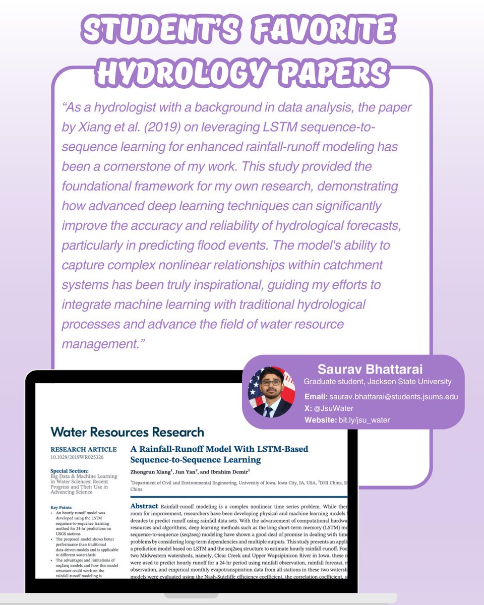 🌊 Continuing our #AGU Catchment Hydrology TC Early Career Competition 2024 series with <a href="/JsuWater/">JSU Water</a> !
Thank you for sharing your favorite #hydrology paper with us! 📖💧
We’ll spotlight #EarlyCareer voices twice a month—stay tuned for more insights from the #HydrologyCommunity! 🔍
