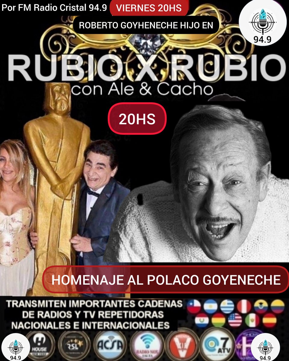 Alejandra Rubio (@alerubio_) on Twitter photo 🔴#VIERNES 20HS
#RUBIOxRUBIO Roberto Goyheneche hijo en un HOMENAJE AL POLACO GOYENECHE junto a <a href="/CachoRubio_/">Cacho Rubio</a> y <a href="/ALERUBIO_/">Alejandra Rubio</a> x <a href="/conexionabierta/">CONEXIÓN ABIERTA</a>
Canales y Cadenas Radios Nacionales e Internacionales
🇦🇷🇨🇱🇺🇾🇵🇾:8 PM
🇻🇪🇧🇴🇩🇴🇵🇷:7 PM
🇨🇴🇵🇪🇪🇨🇵🇦:6 PM
🇲🇽🇬🇹🇭🇳🇸🇻🇳🇮🇨🇷:5 PM
conexionabierta.com.ar 🔴#VIERNES 20HS
#RUBIOxRUBIO Roberto Goyheneche hijo en un HOMENAJE AL POLACO GOYENECHE junto a <a href="/CachoRubio_/">Cacho Rubio</a> y <a href="/ALERUBIO_/">Alejandra Rubio</a> x <a href="/conexionabierta/">CONEXIÓN ABIERTA</a>
Canales y Cadenas Radios Nacionales e Internacionales
🇦🇷🇨🇱🇺🇾🇵🇾:8 PM
🇻🇪🇧🇴🇩🇴🇵🇷:7 PM
🇨🇴🇵🇪🇪🇨🇵🇦:6 PM
🇲🇽🇬🇹🇭🇳🇸🇻🇳🇮🇨🇷:5 PM
conexionabierta.com.ar