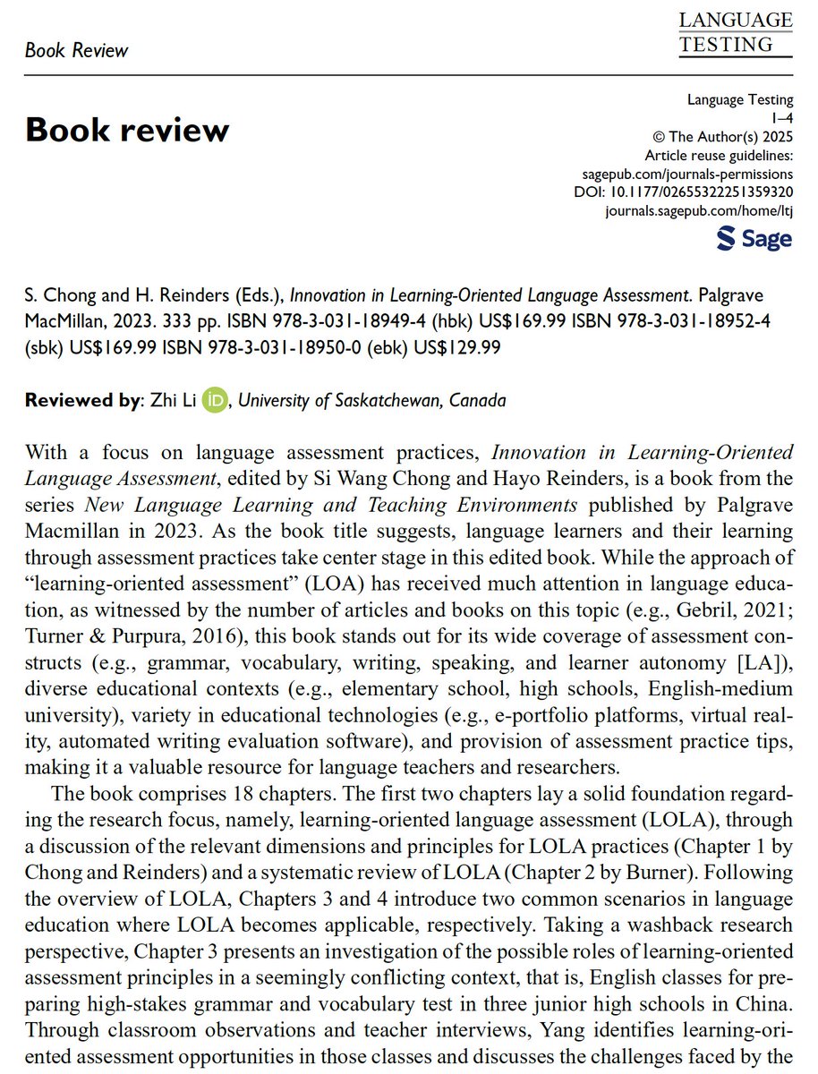 Language Testing (@langtestjournal) on Twitter photo Now available in OnlineFirst, <a href="/ZhiLI_Van/">Zhi Li (ęŗ)</a> reviews the book āInnovation in Learning-Oriented Language Assessmentā (Eds. <a href="/sinwangchong/">Sin-Wang Chong</a> and <a href="/hayoreinders/">Hayo Reinders</a>). doi.org/10.1177/026553⦠Now available in OnlineFirst, <a href="/ZhiLI_Van/">Zhi Li (ęŗ)</a> reviews the book āInnovation in Learning-Oriented Language Assessmentā (Eds. <a href="/sinwangchong/">Sin-Wang Chong</a> and <a href="/hayoreinders/">Hayo Reinders</a>). doi.org/10.1177/026553ā¦
