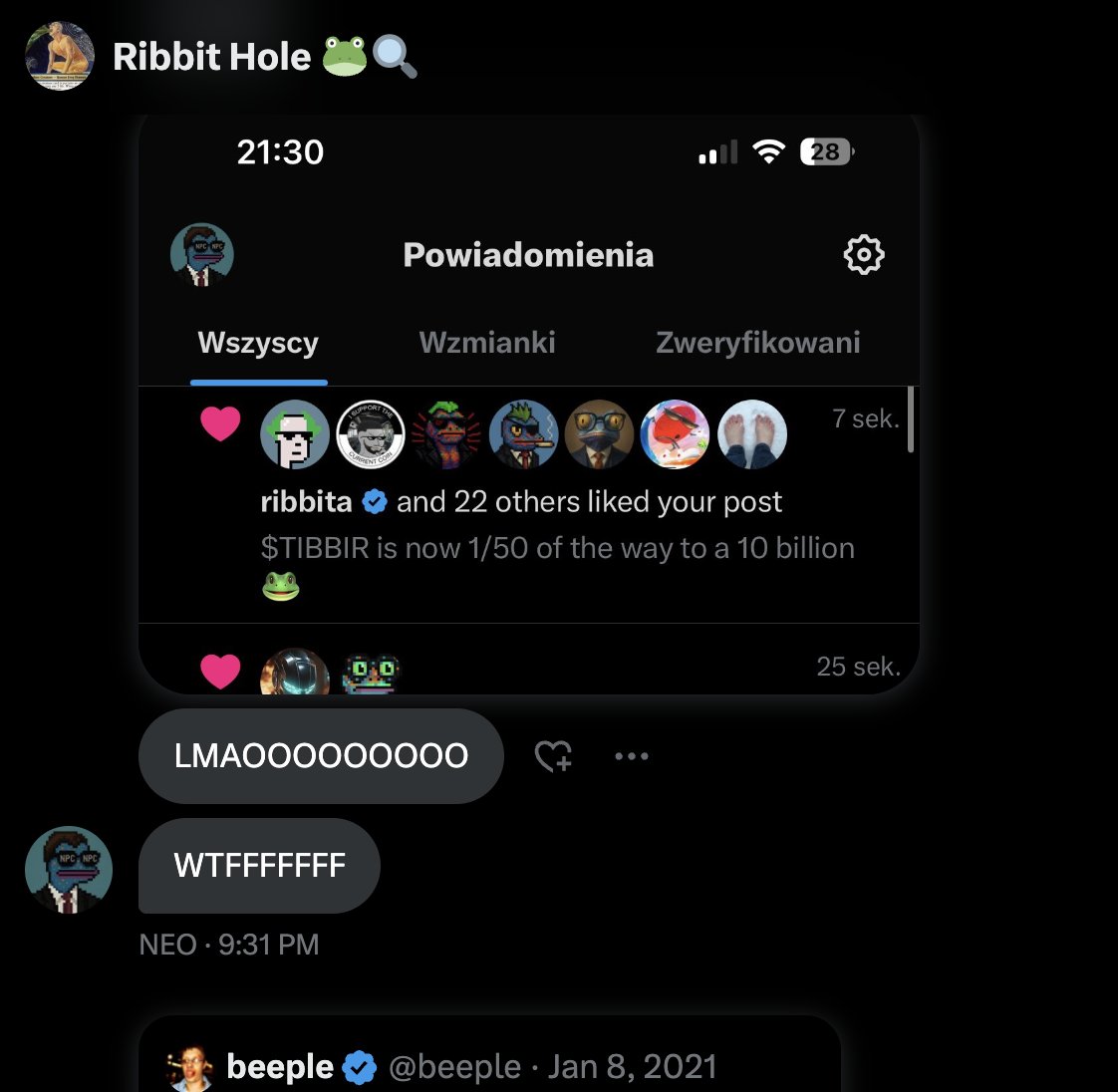 YOOO <a href="/ribbita2012/">ribbita</a> liked <a href="/N30_cryptoo/">NEO</a> 's tweet

" $TIBBIR is now 1/50 of the way to a 10 billion 🐸"