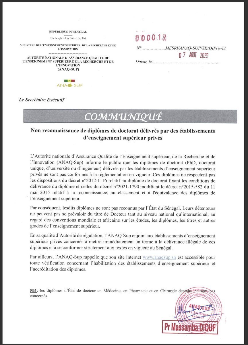 📢📢L'<a href="/ANAQSUP/">ANAQ-SUP</a>  informe le public que les 𝐝𝐢𝐩𝐥𝐨̂𝐦𝐞𝐬 𝐝𝐞 𝐝𝐨𝐜𝐭𝐨𝐫𝐚𝐭 délivrés par des 𝗲́𝘁𝗮𝗯𝗹𝗶𝘀𝘀𝗲𝗺𝗲𝗻𝘁𝘀 𝗱’𝗲𝗻𝘀𝗲𝗶𝗴𝗻𝗲𝗺𝗲𝗻𝘁 𝘀𝘂𝗽𝗲́𝗿𝗶𝗲𝘂𝗿 𝗽𝗿𝗶𝘃𝗲́𝘀 ne sont pas 𝒓𝙚𝒄𝙤𝒏𝙣𝒖𝙨 𝙥𝒂𝙧 𝙡’𝙀́𝒕𝙖𝒕 𝒅𝙪 𝙎𝒆́𝙣𝒆́𝙜𝒂𝙡 
<a href="/ViePubliqueSN/">Vie-Publique SN</a>