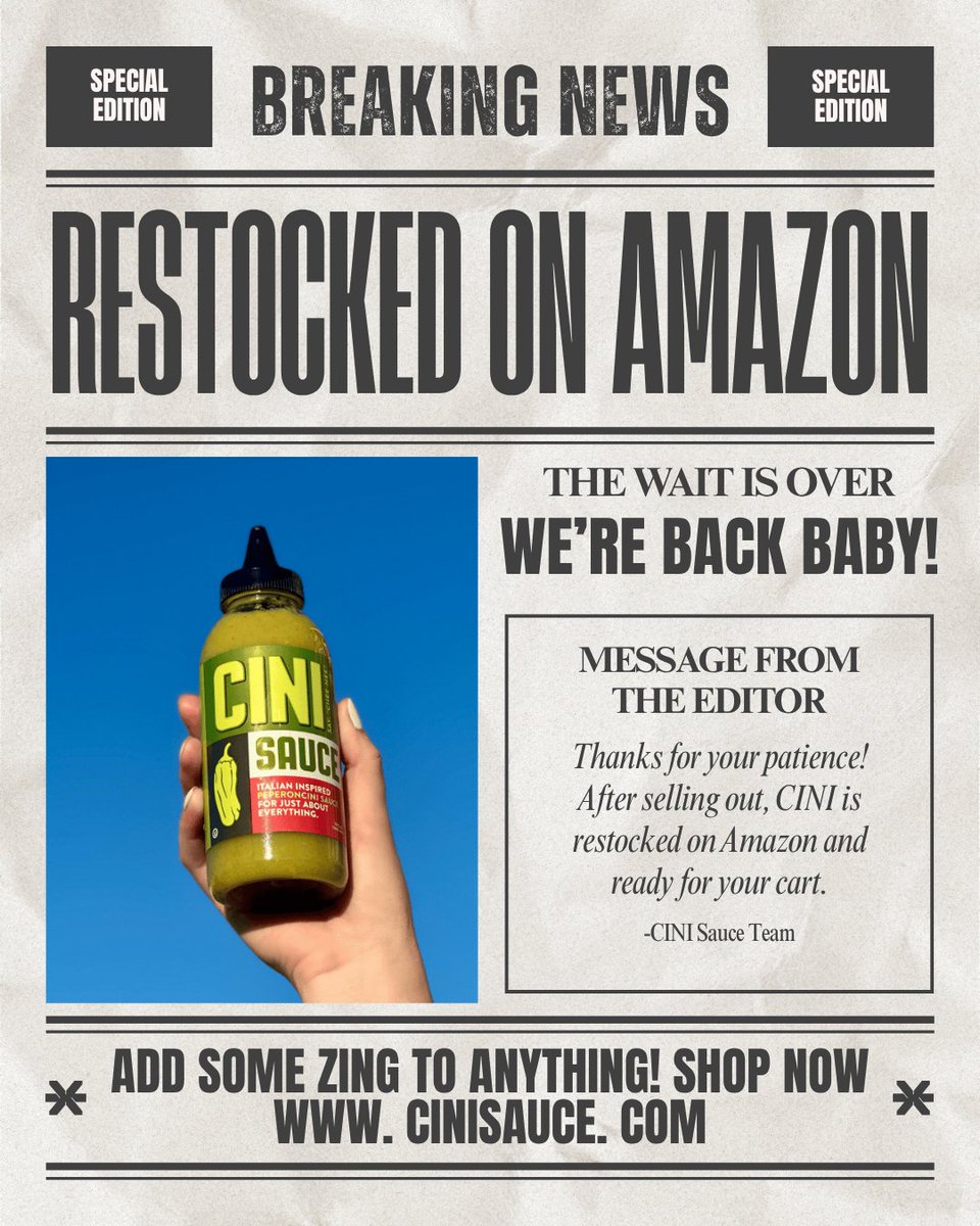 cinisauce's tweet image. Guess what?! We’re Back on Amazon! 🎉

Thanks for hanging with us! CINI Sauce is officially RESTOCKED!"

👉Order online here:  cinisauce.com/product/cini-s…

Add some zing to anything!⚡ Find CINI near you or snag a bottle online. Either way, your new favorite sauce is waiting!